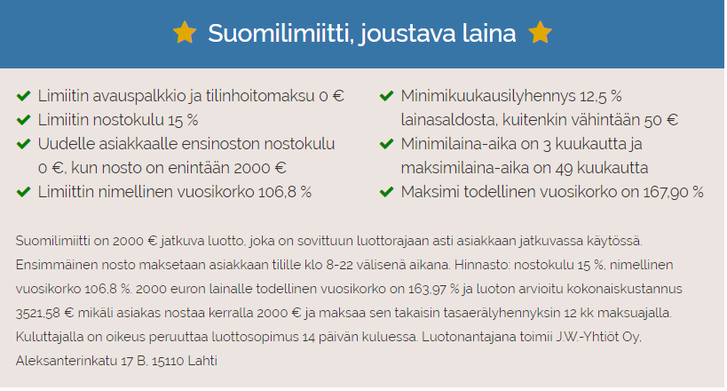 Joustavaa luottoa 2000 euron nostorajalla Suomilimiitti palvelusta